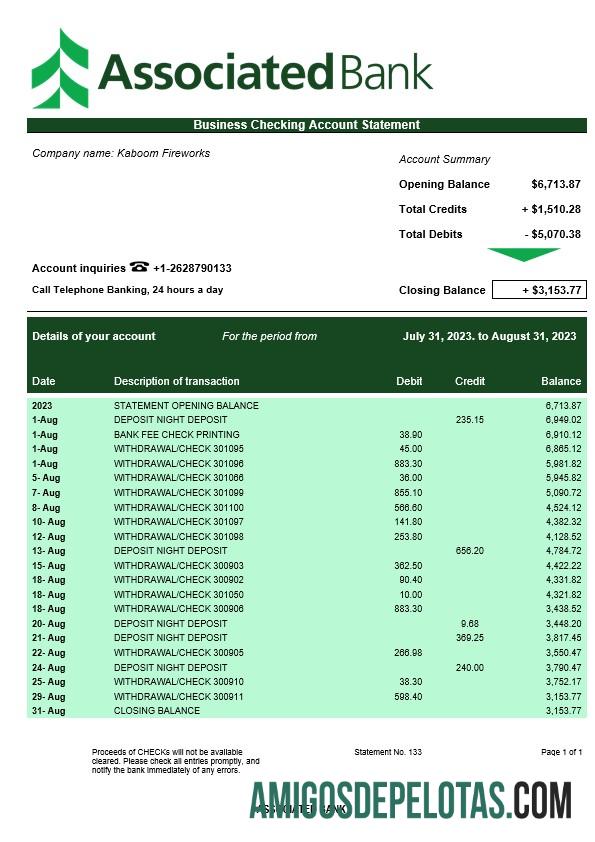 Modelo Realista Associated Bank Business Statement Word e PDF